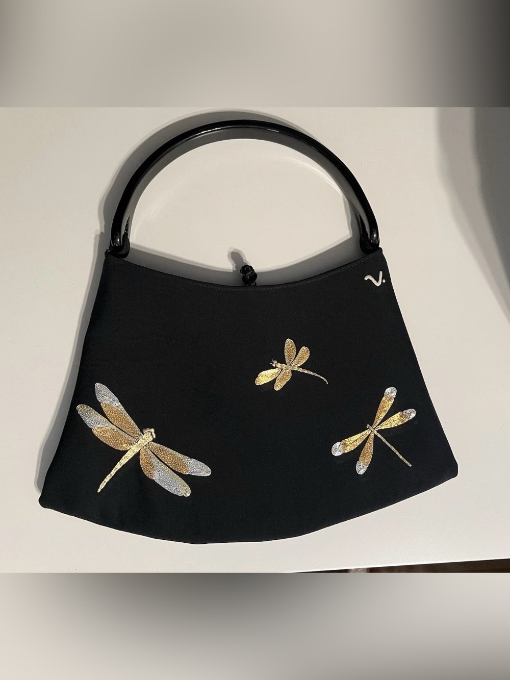 Vintage Clare V Elegant Black Evening Handbag with Embroidered Dragonfly Accents